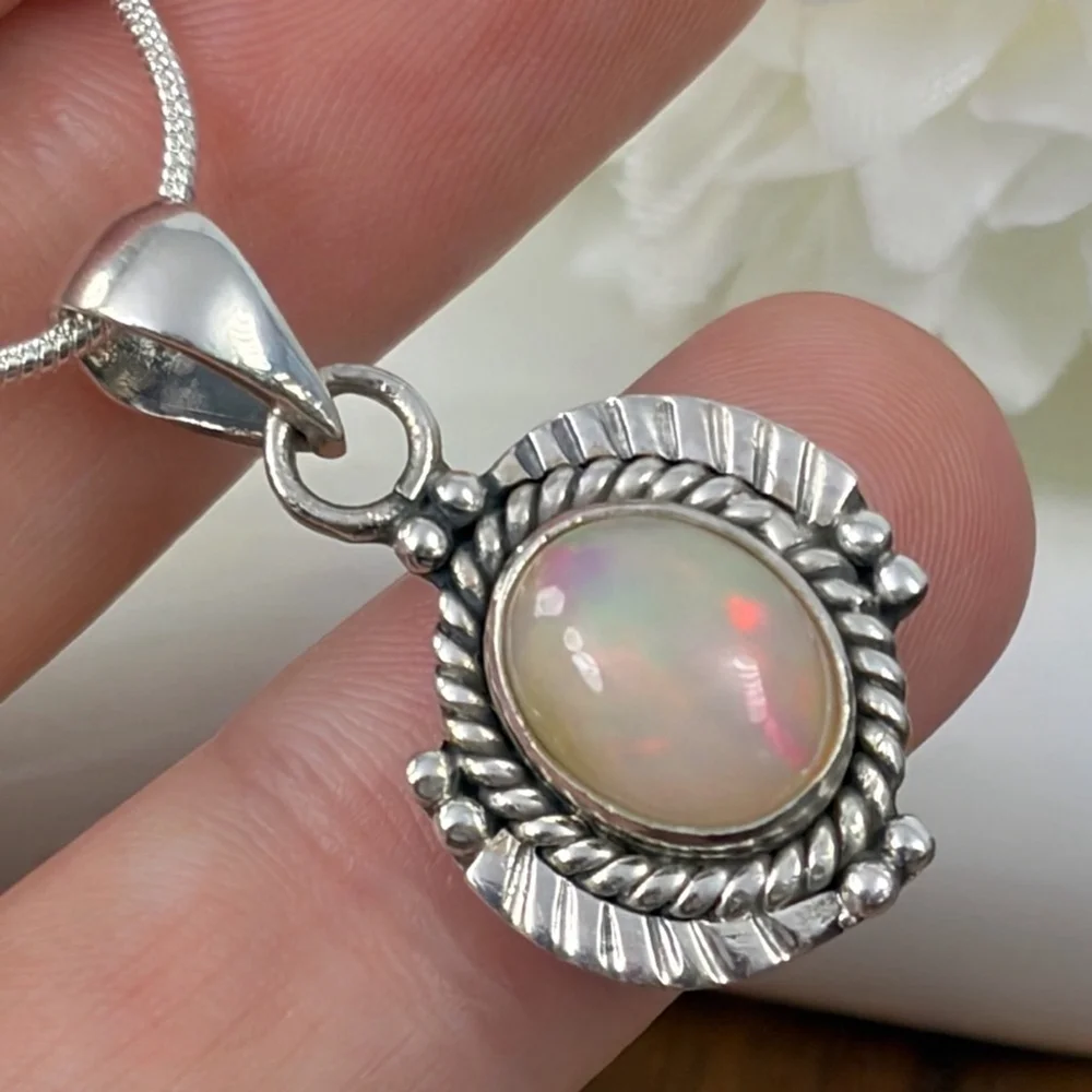 Ethiopian Opal Gemstone Pendant Pure Sterling Silver 925 Boho Southwest New